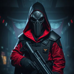 A mysterious and menacing squid game soldier in a dark, atmospheric setting