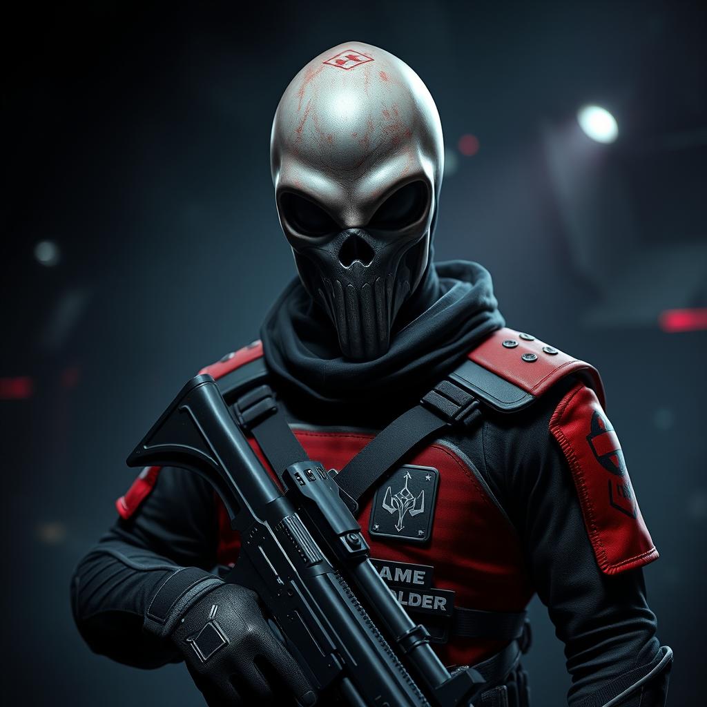 A mysterious and menacing squid game soldier in a dark, atmospheric setting