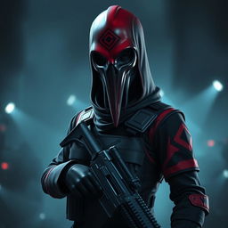 A mysterious and menacing squid game soldier in a dark, atmospheric setting