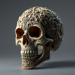 A hyper-realistic, high-resolution depiction of a Victorian neo-gothic skull, featuring intricate baroque ornamental details and ornate filigree patterns
