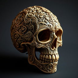 A hyper-realistic, high-resolution depiction of a Victorian neo-gothic skull, featuring intricate baroque ornamental details and ornate filigree patterns
