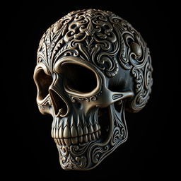 A hyper-realistic, high-resolution depiction of a Victorian neo-gothic skull, featuring intricate baroque ornamental details and ornate filigree patterns