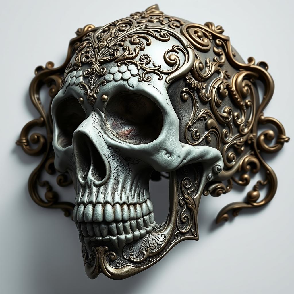 A hyper-realistic, high-resolution depiction of a Victorian neo-gothic skull, featuring intricate baroque ornamental details and ornate filigree patterns