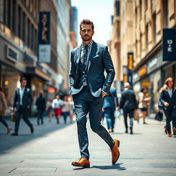 A man walking confidently through a bustling urban street, dressed in a sharp, tailored suit, exuding charisma and self-assurance