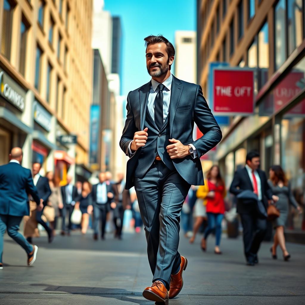 A man walking confidently through a bustling urban street, dressed in a sharp, tailored suit, exuding charisma and self-assurance