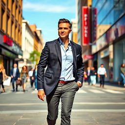 A man walking confidently through a bustling urban street, dressed in a sharp, tailored suit, exuding charisma and self-assurance