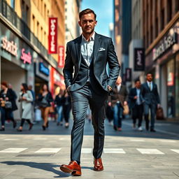 A man walking confidently through a bustling urban street, dressed in a sharp, tailored suit, exuding charisma and self-assurance