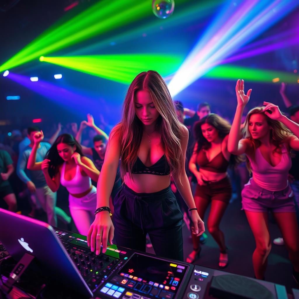 A dynamic scene featuring a talented female DJ, intensely focused on her music setup, with vibrant colorful lights illuminating the venue