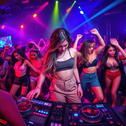 A dynamic scene featuring a talented female DJ, intensely focused on her music setup, with vibrant colorful lights illuminating the venue