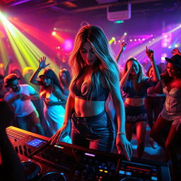 A dynamic scene featuring a talented female DJ, intensely focused on her music setup, with vibrant colorful lights illuminating the venue