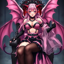 A realistic, sexy, dominant gothic anime succubus girl with majestic wings, curved horns, and a playful tail, featuring a flustered yet subtle smile with a blush on her cheeks