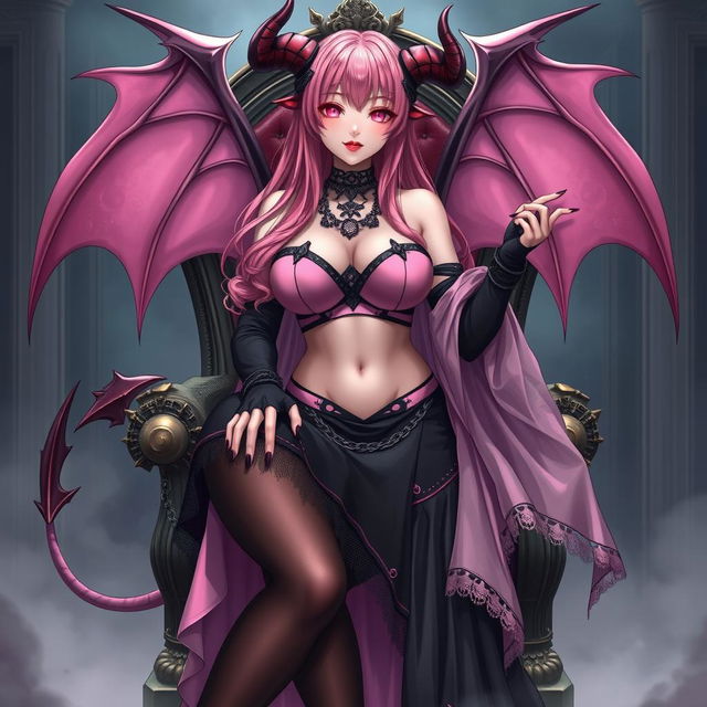 A realistic, sexy, dominant gothic anime succubus girl with majestic wings, curved horns, and a playful tail, featuring a flustered yet subtle smile with a blush on her cheeks