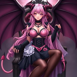 A realistic, sexy, dominant gothic anime succubus girl with majestic wings, curved horns, and a playful tail, featuring a flustered yet subtle smile with a blush on her cheeks