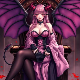 A realistic, sexy, dominant gothic anime succubus girl with majestic wings, curved horns, and a playful tail, featuring a flustered yet subtle smile with a blush on her cheeks