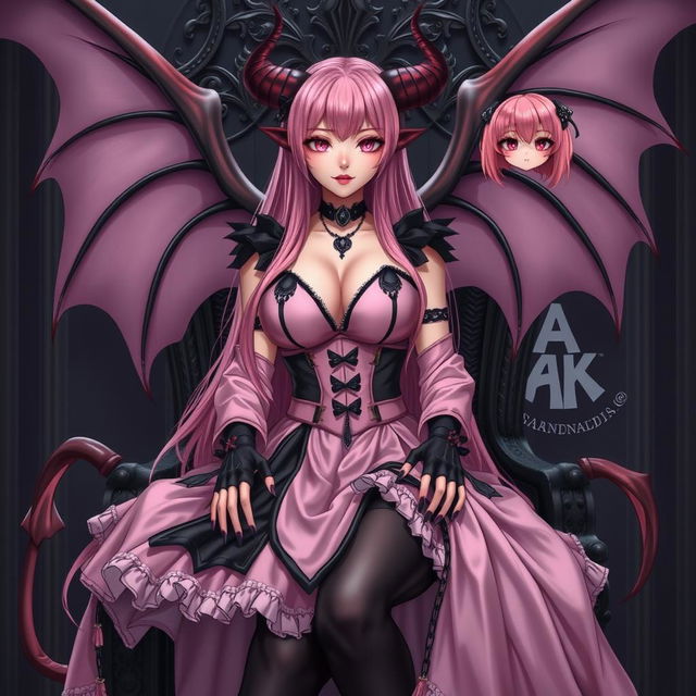 A realistic, sexy, dominant gothic anime succubus girl with majestic wings, curved horns, and a playful tail, wearing a subtle flustered smile with a hint of blush on her cheeks