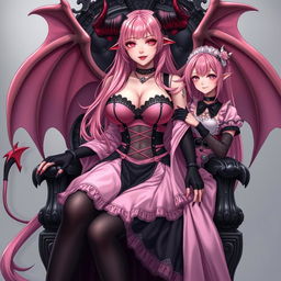 A realistic, sexy, dominant gothic anime succubus girl with majestic wings, curved horns, and a playful tail, wearing a subtle flustered smile with a hint of blush on her cheeks