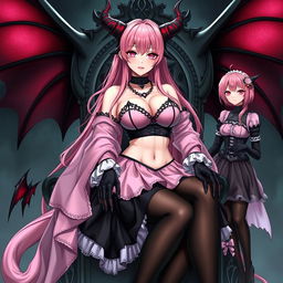 A realistic, sexy, dominant gothic anime succubus girl with majestic wings, curved horns, and a playful tail, wearing a subtle flustered smile with a hint of blush on her cheeks