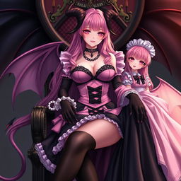 A realistic, sexy, dominant gothic anime succubus girl with majestic wings, curved horns, and a playful tail, wearing a subtle flustered smile with a hint of blush on her cheeks