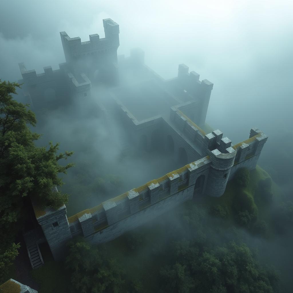 An abandoned old medieval castle shrouded in mist, viewed from above, with intricate stone architecture and towers partially concealed by fog