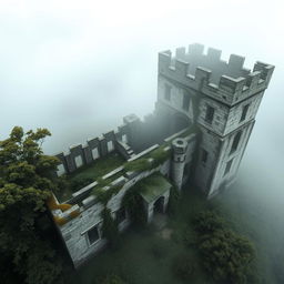 An abandoned old medieval castle shrouded in mist, viewed from above, with intricate stone architecture and towers partially concealed by fog