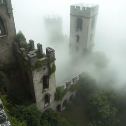 An abandoned old medieval castle shrouded in mist, viewed from above, with intricate stone architecture and towers partially concealed by fog