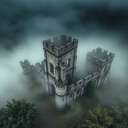 An abandoned old medieval castle shrouded in mist, viewed from above, with intricate stone architecture and towers partially concealed by fog