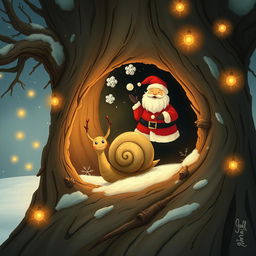 I am a little snail nestled inside a cozy tree hollow, dreaming of Santa Claus