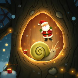 I am a little snail nestled inside a cozy tree hollow, dreaming of Santa Claus