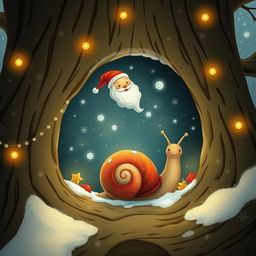 I am a little snail nestled inside a cozy tree hollow, dreaming of Santa Claus