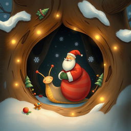 I am a little snail nestled inside a cozy tree hollow, dreaming of Santa Claus