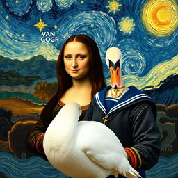 A reinterpretation of the Mona Lisa, featuring the iconic woman with an enigmatic smile, standing gracefully beside a white swan