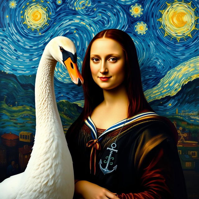 A reinterpretation of the Mona Lisa, featuring the iconic woman with an enigmatic smile, standing gracefully beside a white swan