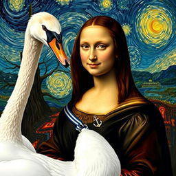 A reinterpretation of the Mona Lisa, featuring the iconic woman with an enigmatic smile, standing gracefully beside a white swan