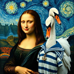A reinterpretation of the Mona Lisa, featuring the iconic woman with an enigmatic smile, standing gracefully beside a white swan
