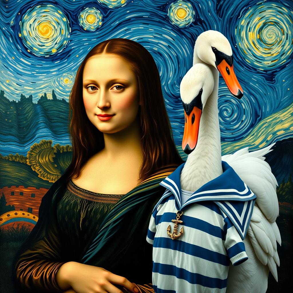 A reinterpretation of the Mona Lisa, featuring the iconic woman with an enigmatic smile, standing gracefully beside a white swan