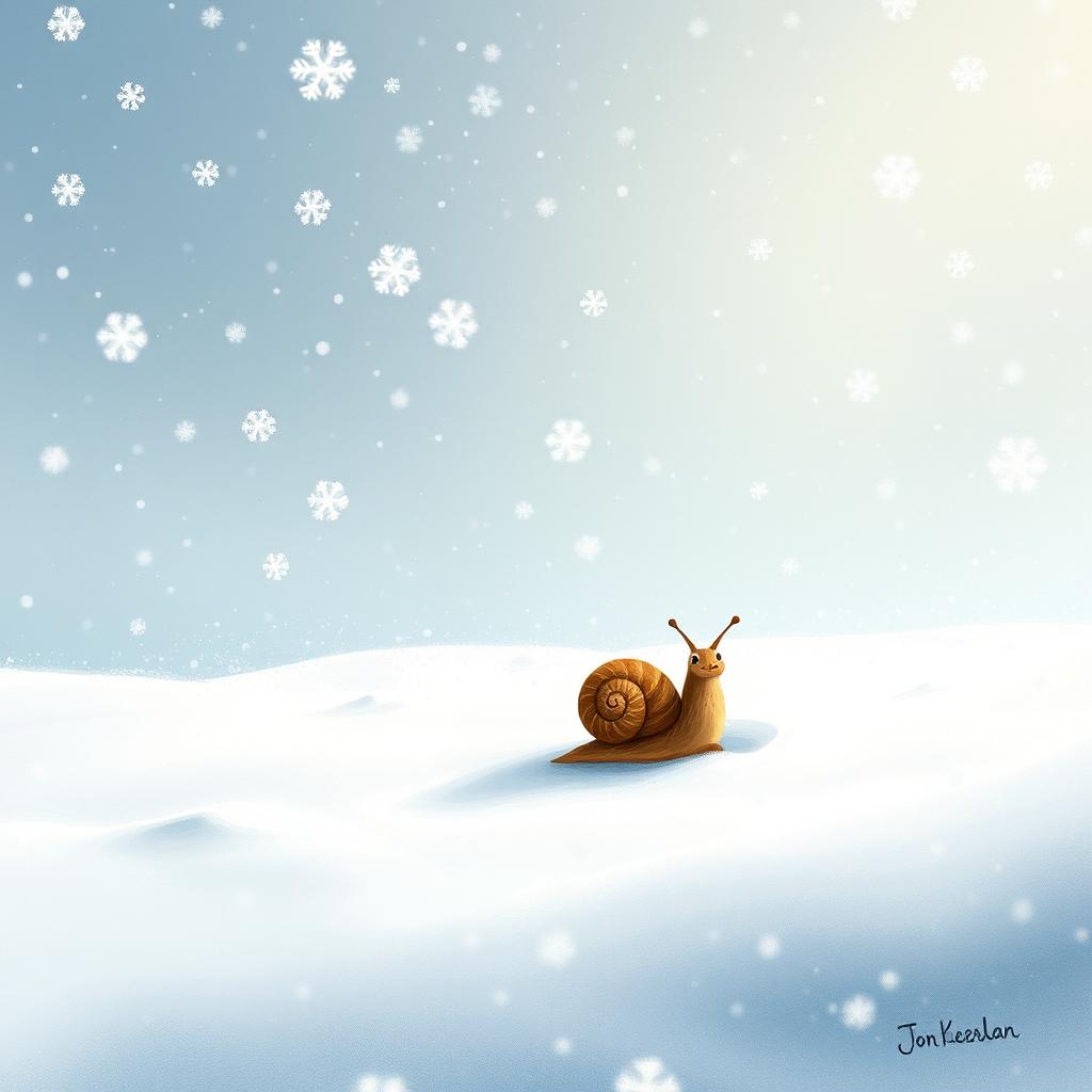 I am a little snail in a snowy landscape, surrounded by a vast expanse of falling snowflakes