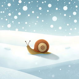 I am a little snail in a snowy landscape, surrounded by a vast expanse of falling snowflakes