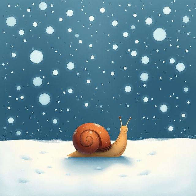 I am a little snail in a snowy landscape, surrounded by a vast expanse of falling snowflakes