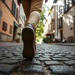 A person walking on a cobblestone street, looking down at the ground