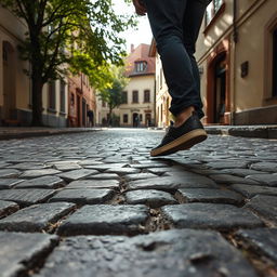 A person walking on a cobblestone street, looking down at the ground