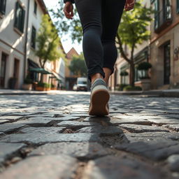 A person walking on a cobblestone street, looking down at the ground