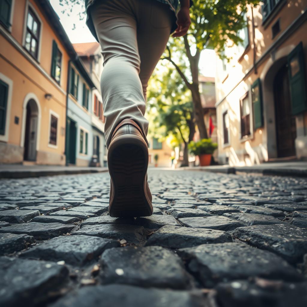 A person walking on a cobblestone street, looking down at the ground