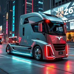 A futuristic concept design of a Jelcz semi truck set in the year 2026, showcasing sleek and aerodynamic lines, advanced technology integration, and a modern color palette
