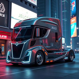 A futuristic concept design of a Jelcz semi truck set in the year 2026, showcasing sleek and aerodynamic lines, advanced technology integration, and a modern color palette