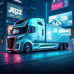A futuristic concept design of a Jelcz semi truck set in the year 2026, showcasing sleek and aerodynamic lines, advanced technology integration, and a modern color palette