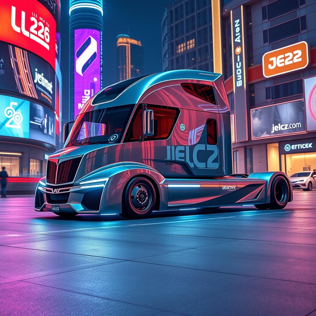 A futuristic concept design of a Jelcz semi truck set in the year 2026, showcasing sleek and aerodynamic lines, advanced technology integration, and a modern color palette