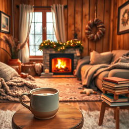 A warm and inviting cozy background featuring a crackling fireplace with soft golden flames, a plush area rug in front of it, scattered knitted blankets, and cushy pillows