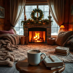 A warm and inviting cozy background featuring a crackling fireplace with soft golden flames, a plush area rug in front of it, scattered knitted blankets, and cushy pillows