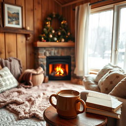 A warm and inviting cozy background featuring a crackling fireplace with soft golden flames, a plush area rug in front of it, scattered knitted blankets, and cushy pillows