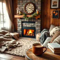 A warm and inviting cozy background featuring a crackling fireplace with soft golden flames, a plush area rug in front of it, scattered knitted blankets, and cushy pillows